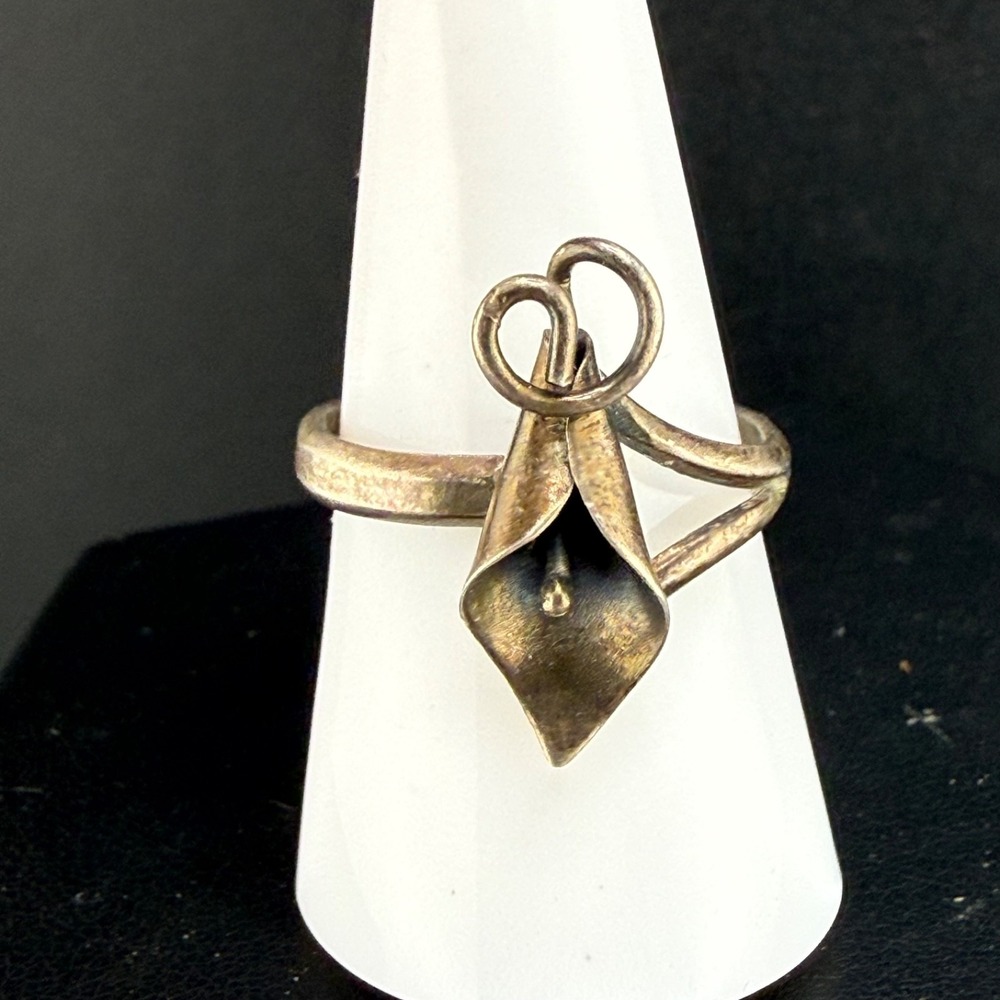 Vintage NYE Flower Ring Silver Sterling Calla Lily Adjustable 9.5